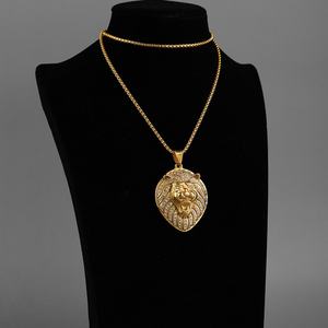 Collier pendentif tête de lion pour homme, style hip-hop, entièrement en acier inoxydable serti de zircone cubique, pour les hipsters, par le fabricant - Product Image 3