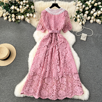 Doux col claudine décontracté robe mi-longue pour les femmes Empire contraste couleur dentelle Vestidos
