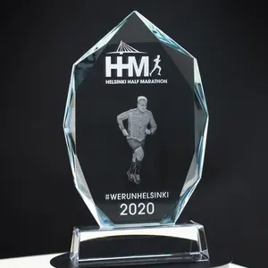 Customized Logo Engraved Crystal Award Trophy With Wood Base