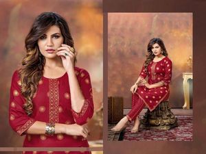 Suministro de fábrica al por mayor de lámina de impresión designada con pantalones Kurti cosidos completamente para damas de Indian Exporter - Product Image 2