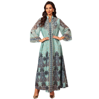 Abaya vintage à imprimé floral en polyester respirant pour femme, robe longue maxi kaftan à col montant, style Dubaï, islamique, modeste, musulmane