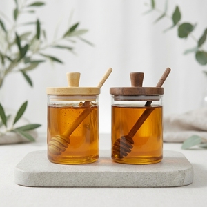 Barattolo per <span class=keywords><strong>Miele</strong></span> in Vetro Borosilicato con Cucchiaio in Legno e Coperchio in Legno di <span class=keywords><strong>Acacia</strong></span>, Contenitore Ecologico per <span class=keywords><strong>Miele</strong></span> e Sciroppo, Dispenser da 450ml - Product Image 4