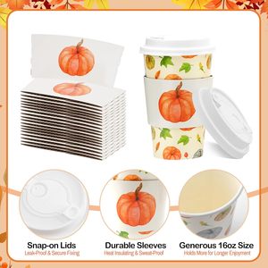 Tasses à café jetables 16 oz biodégradables sur le thème de l'automne Couvercles à encliqueter Citrouille Épice Latte pour Halloween Thanksgiving Automne - Product Image 3