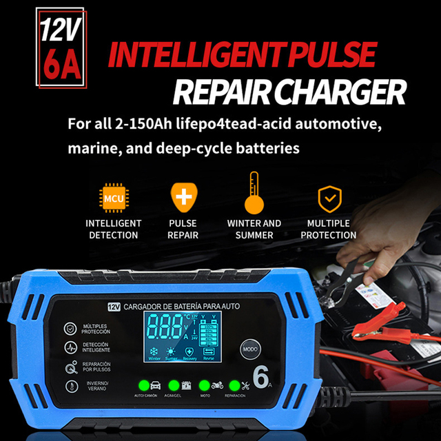 12V 6A Fast Smart Charger for Car Truck Motorcycle SUV ATV, Pulse Repair Desulfator for Lead Acid AGM GEL SLA Batteries