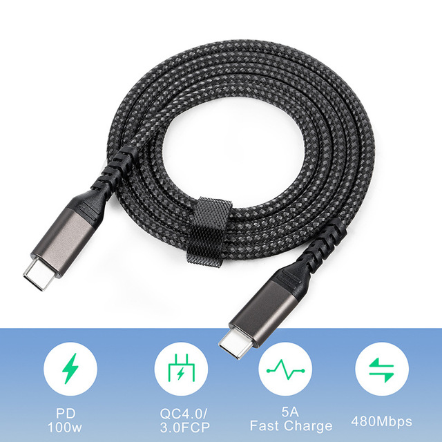5A 100W Dual Head Type-C to Type-C PD Fast Charging Cable with Nylon Braided Jacket E-Marker Foil Shielding for Car Use
