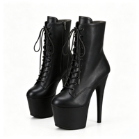 Bottines à lacets en PVC/PU noir mat, talon épais, rehaussant la taille, mode, pole dance, classiques, imperméables, résistantes à l'usure