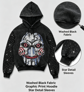 Sudadera con capucha vintage lavada con gráfico de terror <span class=keywords><strong>Saw</strong></span> Puppet para hombre, personalizada con estrella de diamantes de imitación en la manga, estilo streetwear, oversize - Product Image 5