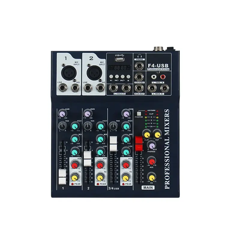 F4 4 Channel Audio Mixer Sound Professional Mixing Console with Blueteeth USB Recording 48V Phantom Power