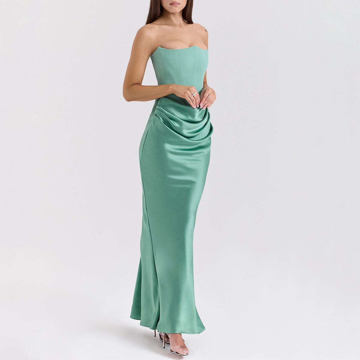 jade satin strapless maxi dress Encore Strapless Satin Maxi Dress Olive