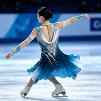Robe de patinage artistique à manches longues et dos nu, dégradé bleu et blanc, avec strass en maille pour enfants et adultes, pour les compétitions sur glace