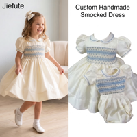 Robe de cérémonie pour filles en coton brodé smocké sur mesure Jiefute, blanc ivoire, longueur cheville, service ODM pour mariage et anniversaire