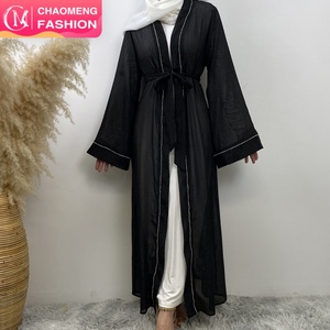1425# New Design New Material Transparent Silk Polyester Luxury Diamond Border With Pockets Women Open Abaya 4 Colors - Product Image 1