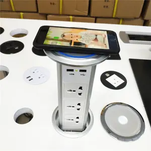 Factory Automatic Raising Type Pop up Outlet Hidden Recessed Surge Protector Power Strip 10W Wireless Charger Socket