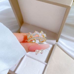 Anillo de Boda de Acero Inoxidable con Circonitas, Anillo Abierto Brillante Chapado en Oro de 18k, Estilo Lujoso para Mujer - Product Image 2