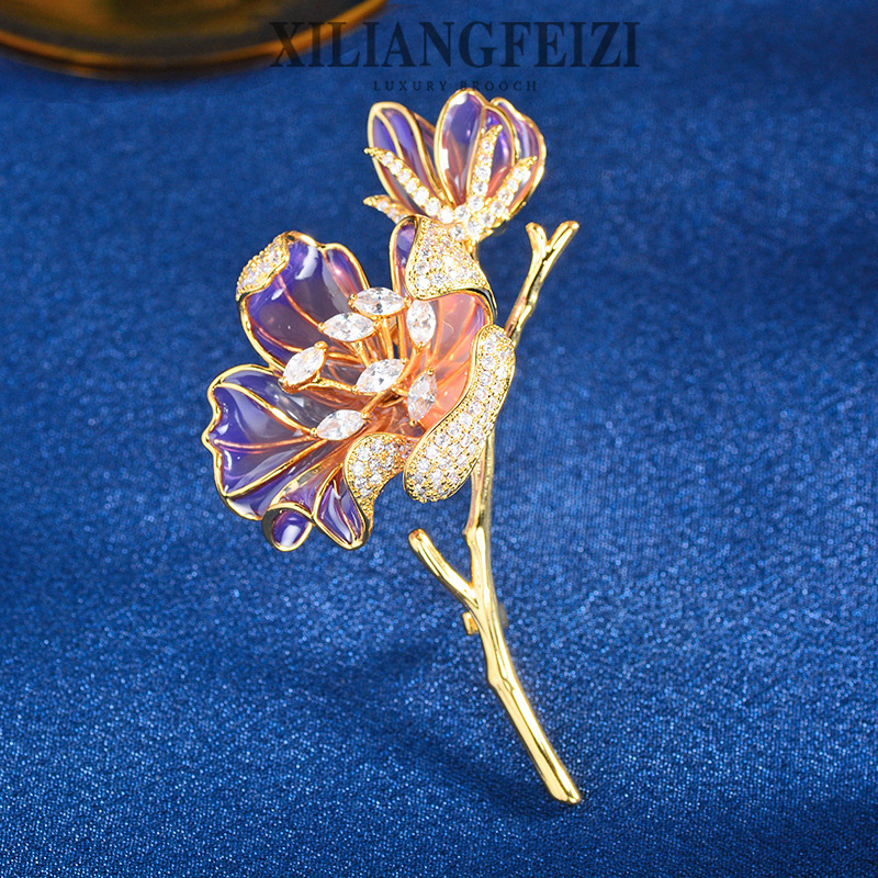 XILIANGFEIZI Purple Flower Brooch - Elegant Enamel Copper Zircon