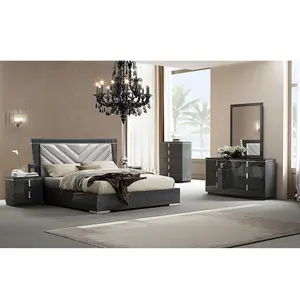 Современный итальянский комплект мебели для спальни NOVA 2021 года из искусственной кожи черного цвета с глянцевым покрытием