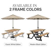 Ensemble table et bancs de pique-nique d'extérieur avec parasol, pour 4 à 6 personnes, ensemble de salle à manger tout-en-un pour patio, structure en métal moderne en forme de X, pliable, parasol de parc