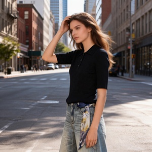 Top Polo da <span class=keywords><strong>Donna</strong></span> in Maglia Nera a Costine, Maglietta Casual a Maniche Corte con <span class=keywords><strong>Colletto</strong></span> per Primavera Estate - Product Image 1