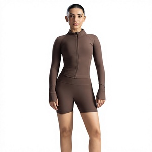 Women's Brown Full Sleeve Stand Neck Zipper Front Yoga <b>Top</b> Solid Color Seamless Active Sportswear Set High Waist <b>Shorts</b> - Product Image 3