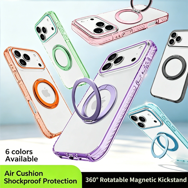360° Rotating Magnetic Stand Case for iPhone 17 16 15 Pro Max, Clear Acrylic Shockproof Cover with Invisible Air-Cushion