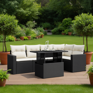 Ensemble de canapés de jardin en rotin noir avec coussins crème, mobilier d'extérieur au design contemporain, résistant à l'eau et aux UV, en matériau PE - Product Image 2