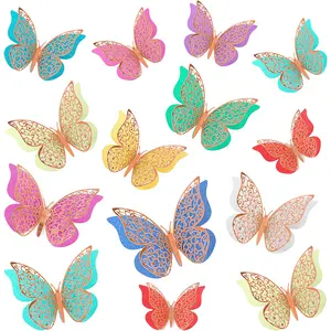 12pcs New Double Layer 3D Hollow Butterfly Stickers Wedding Decoration Living Room Home Decor Multicolor Butterfly Wall Sticker
