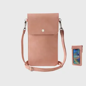 Uzun batı crossbody çanta telefon cebi cüzdan tasarımcı özel logo siyah kadın dokunmatik ekran küçük pu deri cep telefonu çantası