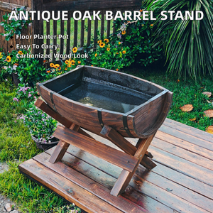 Antique <b>Wooden</b> Half Barrel <b>Planter</b> Stand Fir Flowerpot Support -Elevated <b>Garden</b> Plant Rack for Home - Product Image 2