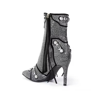 Bottes Stiletto à Talons Hauts pour Femmes Luxe Personnalisé Usine Strass Scintillant Faux Daim Boucle Cloutée Sangle Bout Pointu - Product Image 3