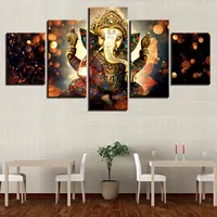 Pintura moderna de Arte de pared, estatua de Buda indio de 5 piezas, elefante de Dios Ganesh hindú, lienzo enmarcado para decoración de oficina