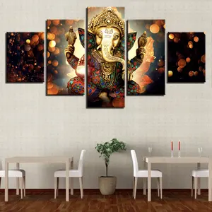 Modern tablo duvar sanatı 5 parça hint buda heykeli Hindu Ganesh tanrı fil çerçeveli tuval baskı ofis dekor için
