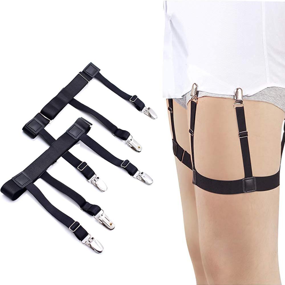 Mens Shirt Stays Garters Elastic Adjustable Leg Suspenders Shirt Holders Straps Belt Non-slip Locking Clamps 2pcs Black