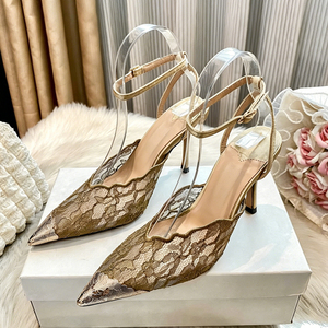 Elegantes Zapatos de Tacón de Aguja con Punta Metálica y Encaje Floral para <span class=keywords><strong>Mujer</strong></span>, con Correa en el Tobillo, Zapatos de Vestir Sexys para Invitadas de Boda, Color Dorado - Product Image 1