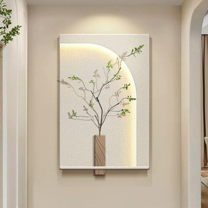 Art mural de style Wabi Sabi avec rétroéclairage, cadre rectangulaire en bois massif, toile huilée, motif végétal, peinture décorative pour salon - Product Image 2