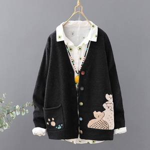 Cardigan en tricot style ours, cardigan brodé en jacquard, <span class=keywords><strong>veste</strong></span> pour <span class=keywords><strong>femme</strong></span>, <span class=keywords><strong>pull</strong></span> ample et fin, <span class=keywords><strong>pull</strong></span> à simple boutonnage - Product Image 1