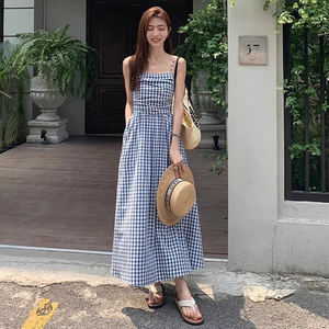 Plaid Strapless Dress Fitted Waist Long Summer Beach Vacation Casual Dress - Product Image 1