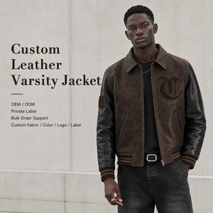 <span class=keywords><strong>Giacca</strong></span> Varsity OEM da Uomo Marrone e Nera, Personalizzata in Ecopelle Lavata, Pesante, con Zip e <span class=keywords><strong>Motivi</strong></span>, Stile Letterman - Product Image 1