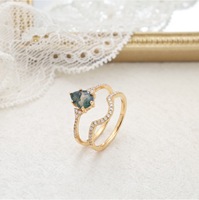 Ensemble de bagues de mariage en agate mousse, argent sterling 925 plaqué or 10 carats, deux pièces, pierres précieuses vertes, bagues empilables pour femmes