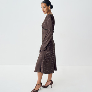 Vestido de lunares con cuello en V y manga larga para mujer, cintura natural, estilo casual suelto con lazo, ropa de ocio - Product Image 3