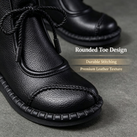 Bottines à talon plat confortables pour femmes, style coréen vintage, cousues à la main, en similicuir souple, avec fermeture éclair latérale, nœud en corde tressée, 1-3 cm