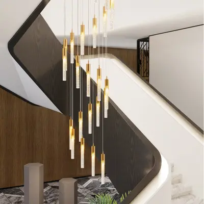 Özelleştirilebilir modern merdiven avize kolye ışık kristal villa döner merdiven ışık lüks uzun avize
