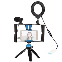 En stock PULUZ Kit de support vidéo pour smartphone avec anneau lumineux LED RGBW 4-en-1, microphone, trépied de poche et griffe porte-accessoire pour Vlogging Bleu