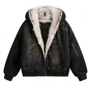 เสื้อแจ็คเก็ตผ้าฝ้ายมีฮู้ดสำหรับผู้ชายฤดูหนาวสไตล์อเมริกันหลวมๆอินเทรนด์กระเป๋าเสื้อโค้ตผ้าฝ้ายเดนิมตกแต่ง - Product Image 1