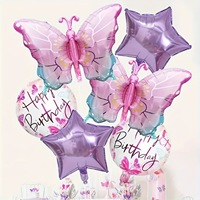 Lot de 5/6 ballons papillon dégradé rose Joyeux Anniversaire, décoration de fête, ballons en aluminium flottants à l'hélium, étoiles violettes de 18 pouces