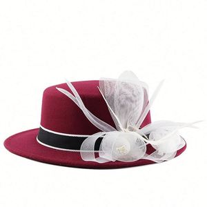 Flat Top Boater Fedora <b>Hat</b> <b>for</b> Women Silk Screen Printed Lace Ribbon Flower Elegant Church Party Promotional Use - Product Image 1