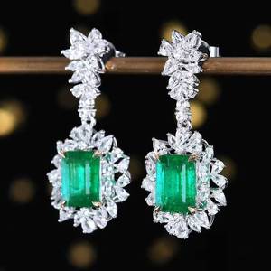 SGARIT 18K Solid Gold Natural Emerald Dangle Earrings 4.24ct Main <b>Stone</b> With White Sapphire Accent Gems gemston jewelry - Product Image 2