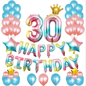 इंद्रधनुष गेंडा लेटेक्स गुब्बारे पैक स्टार हार्ट क्राउन महिलाओं 30th खुश जन्मदिन की सालगिरह के लिए संख्या पन्नी गुब्बारे पार्टी सजावट