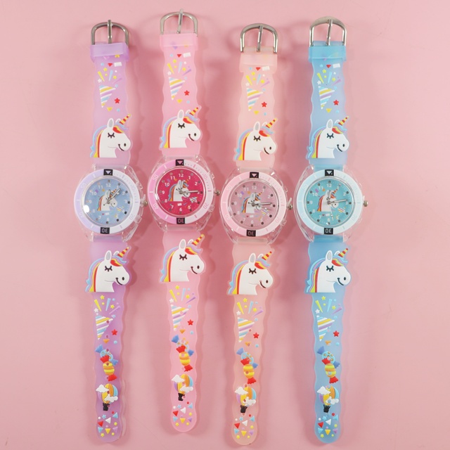 New Cartoon Kids' Purple Unicorn 3D Silicone Strap Waterproof Watch Rainbow Bead Bracelet Set Quartz Movement Alloy Pointer 30mm