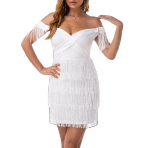 Robe moulante sexy d'été à franges pour femmes, mini-robe tendance, coupe ajustée, épaules dénudées, robe de soirée pour femmes, robe à franges empire - Product Image 6