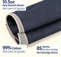 Tissu denim brut extensible 10,5 oz 8S, non-décolorant, respirant, 99 % coton, 1 % élasthanne, sergé à lisière rouge pour vestes et pantalons en jean